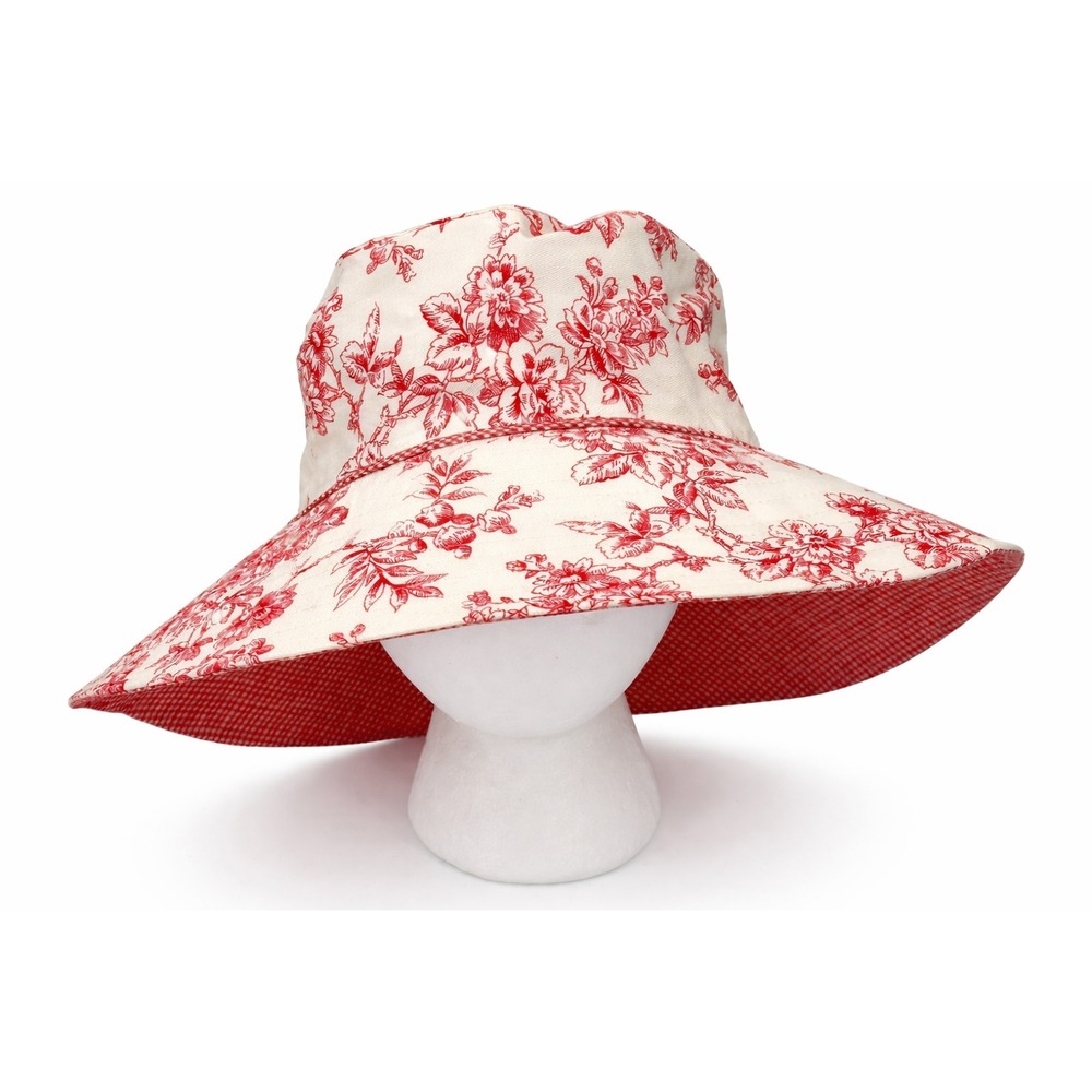 Liz Claiborne Toile Sun‎ Hat Red Ivory Wide Brim Reversible Floral Cottagecore